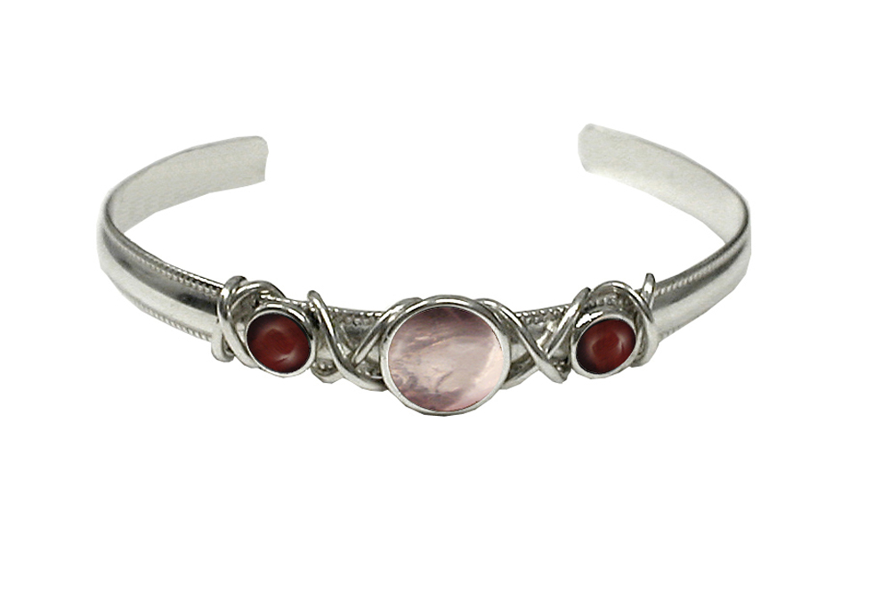 Sterling Silver Hand Made Cuff Bracelet With Rose Quartz And Red Tiger Eye